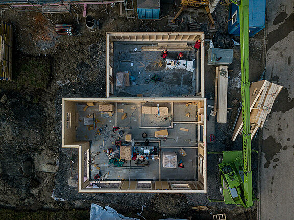 Holzhausbau Ständerbauweise Vogelperspektive