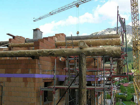 Dachaufbau mit Naturstämmen